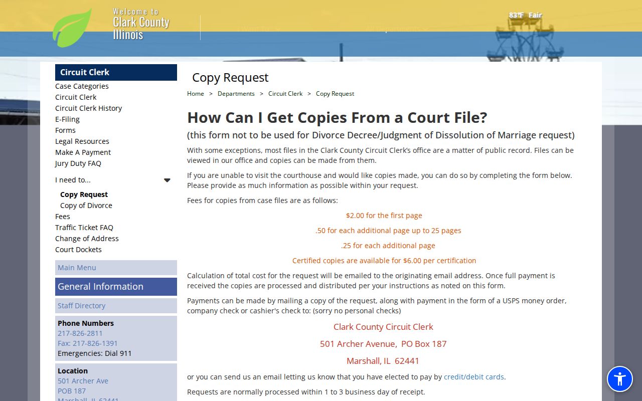 Clark County Circuit Clerk copy and disposition request page