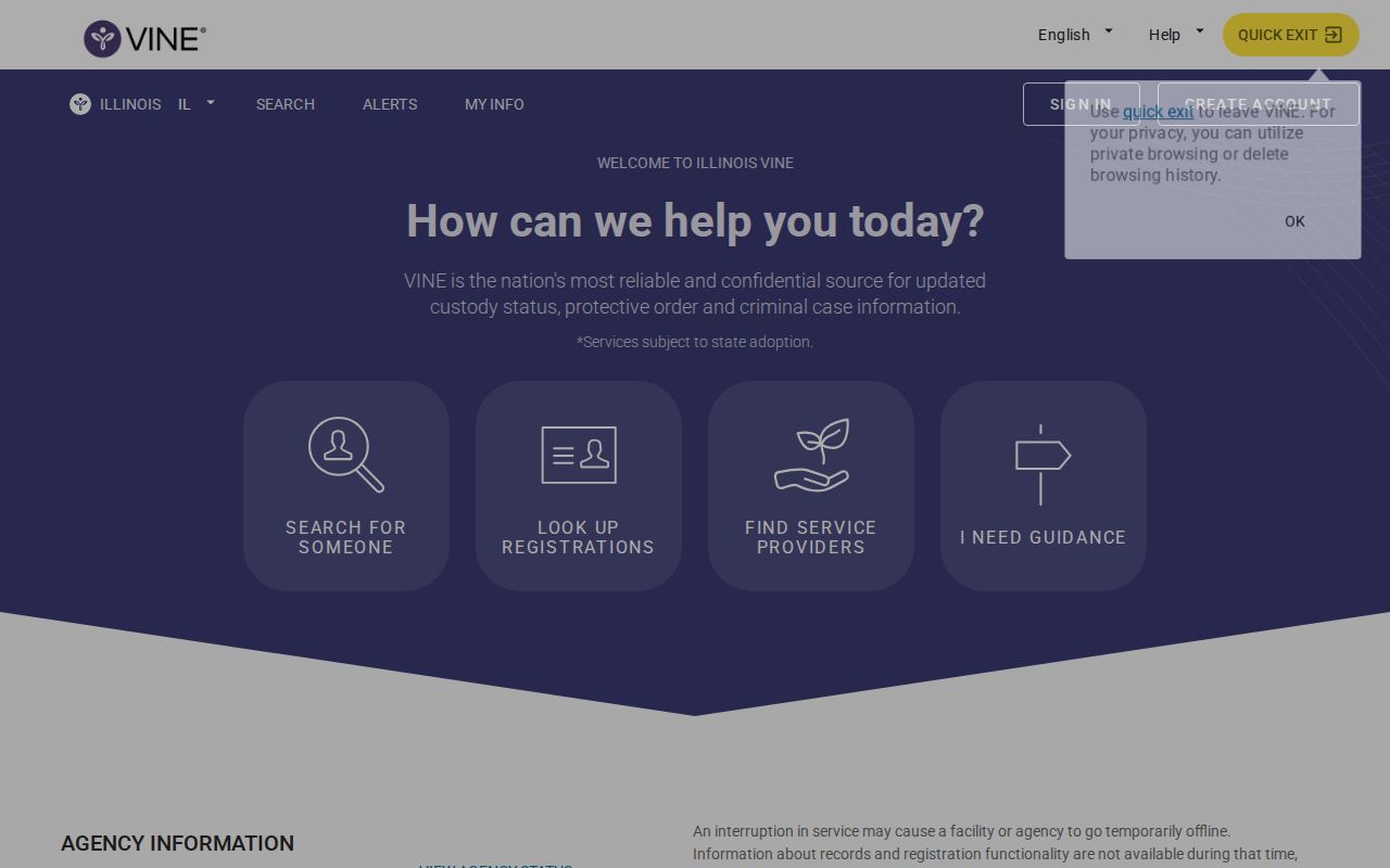 Illinois VINELink search and notification registration screens