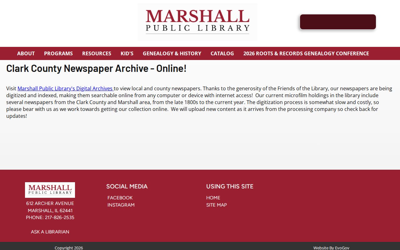 Marshall Public Library Clark County newspaper archive