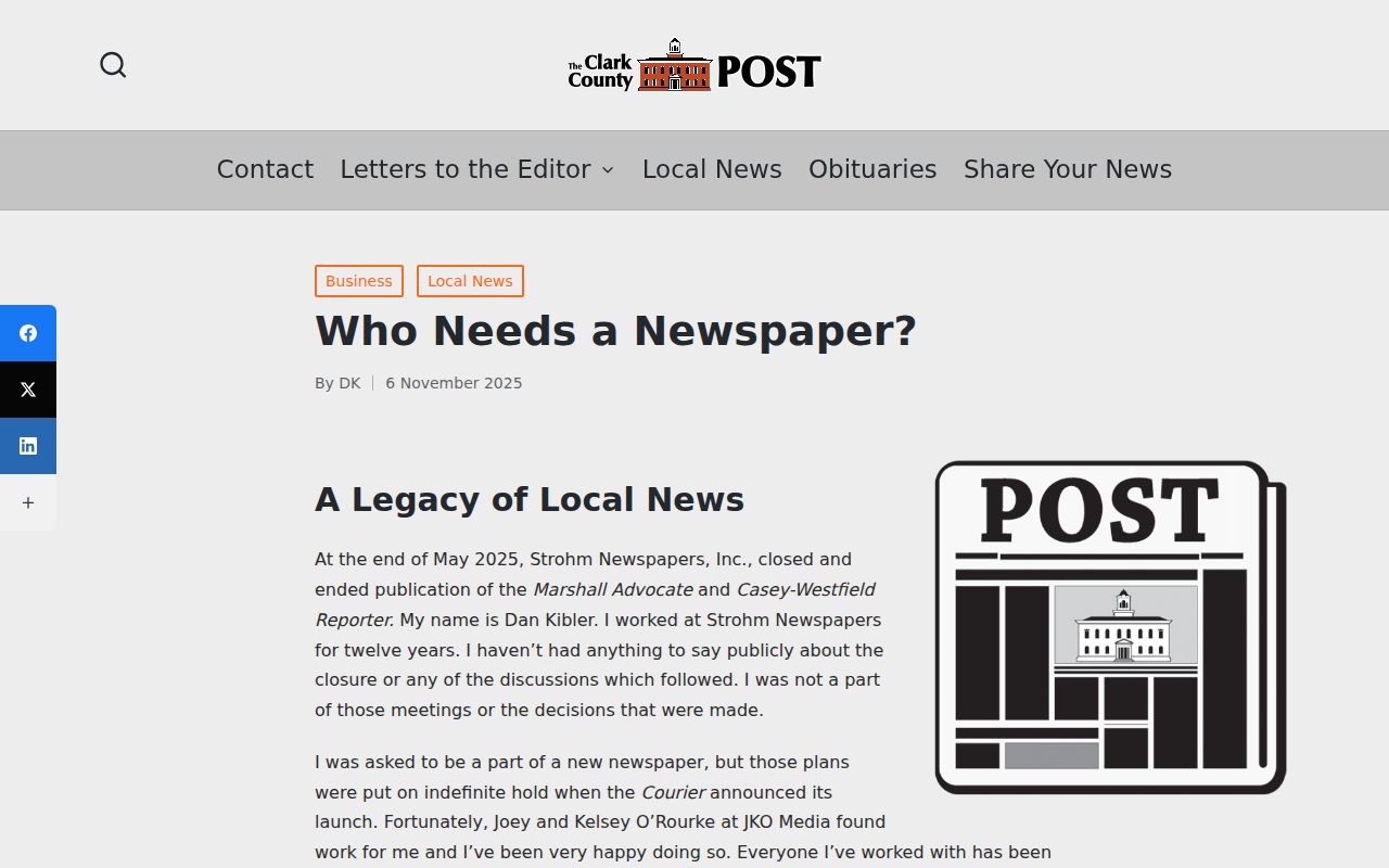 Clark County Post article about the 2025 local newspaper transition